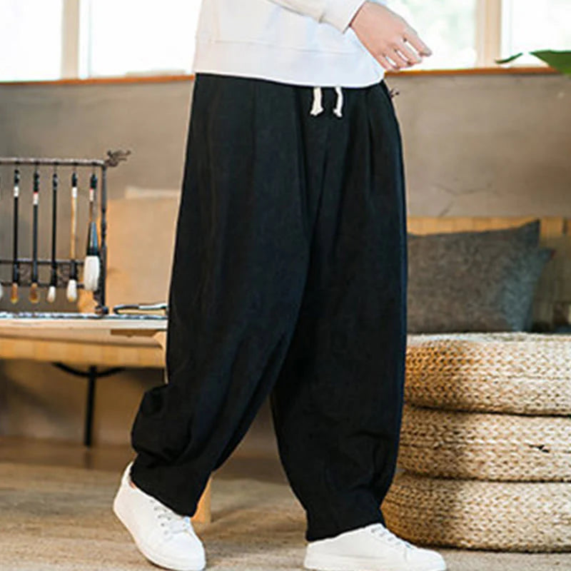 Buddha Stones Retro Men's Plain Fleece-Lined Corduroy Simple Design Harem Pants With Pockets