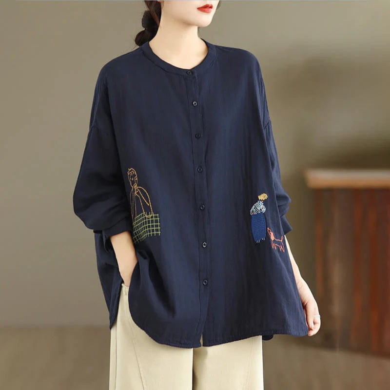 Buddha Stones Fall Embroidery Human Figure Dog Pattern Round Neck Buttons Women's Long Sleeve Shirt