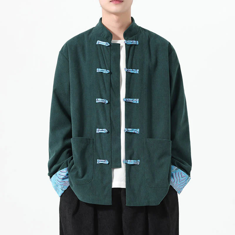 Buddha Stones Floral Design Long Sleeve Men's Cotton Corduroy Tang Suit Jacket With Pockets