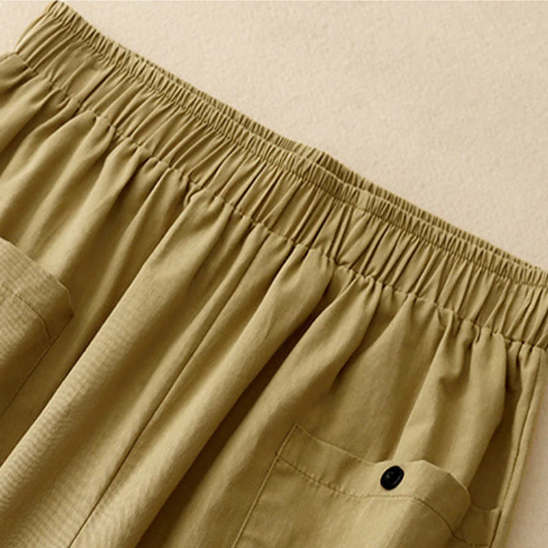 Buddha Stones Causal Vintage Solid Color Button Design Women's Wide Leg Cotton Pants With Pockets