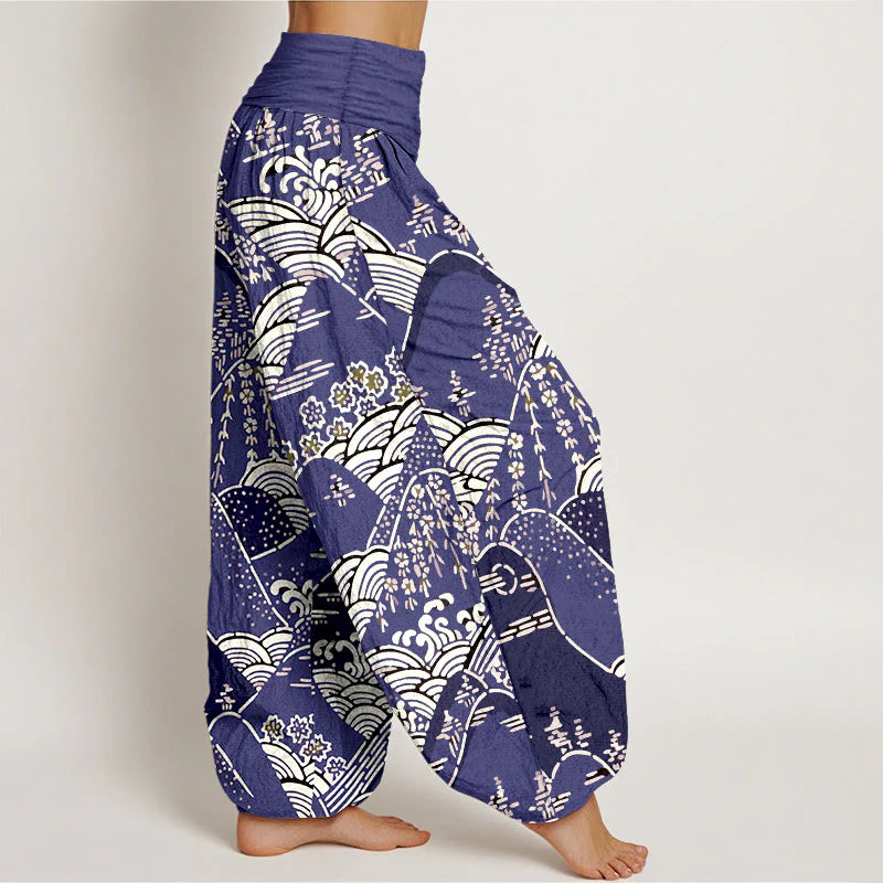 Buddha Stones Printed Mountains Waves Floral Pattern Women's Elastic Waist Harem Pure Cotton Pants