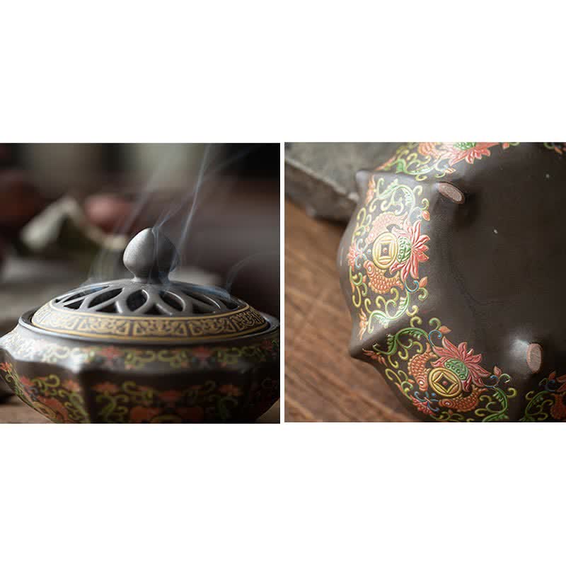Buddha Stones Tibetan Floral Pattern Ceramic Blessing Incense Burner Decoration (Extra 35% Off | USE CODE: FS35)