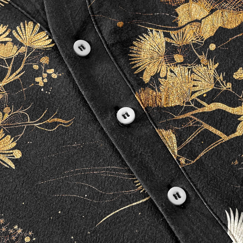Buddha Stones Cotton Pine Tree White Crane Pattern Men's Short Sleeve Half Button Shirt