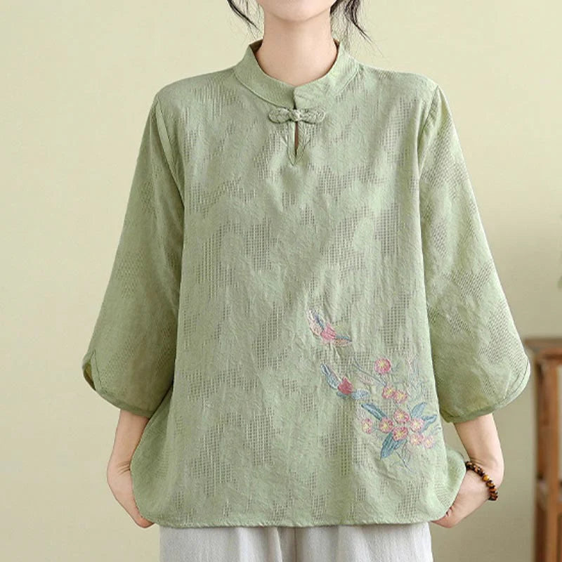 Buddha Stones Flower Embroidery Three Quarter Sleeve One Frog-Button Mandarin Collar Cotton Women's Shirt