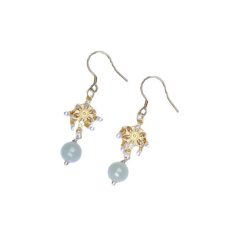 Buddha Stones Hetian Jade Flower Pattern 14K Gold Plated Luck Drop Dangle Earrings