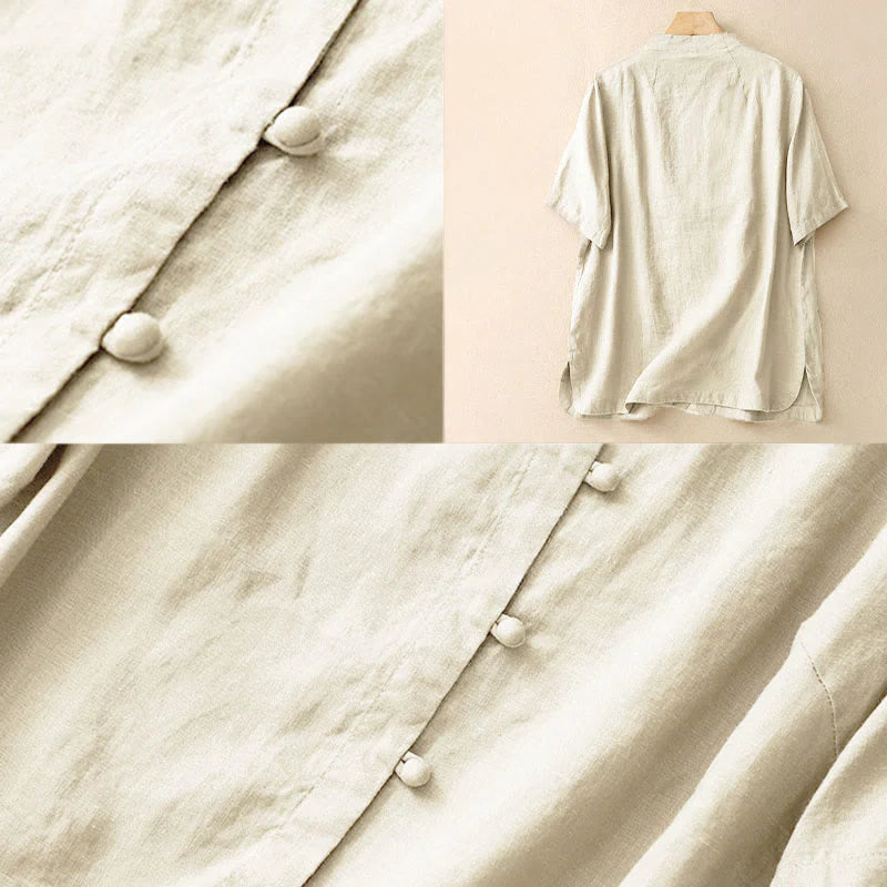 Buddha Stones Summer Women's Cotton Short Sleeve Stand Collar Side Slit Frog-Button Design Shirt