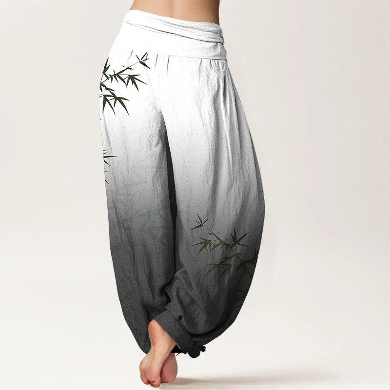 Buddha Stones Casual Bamboo Leaves Gradient Pattern Pure Cotton Women's Elastic Waist Harem Pants