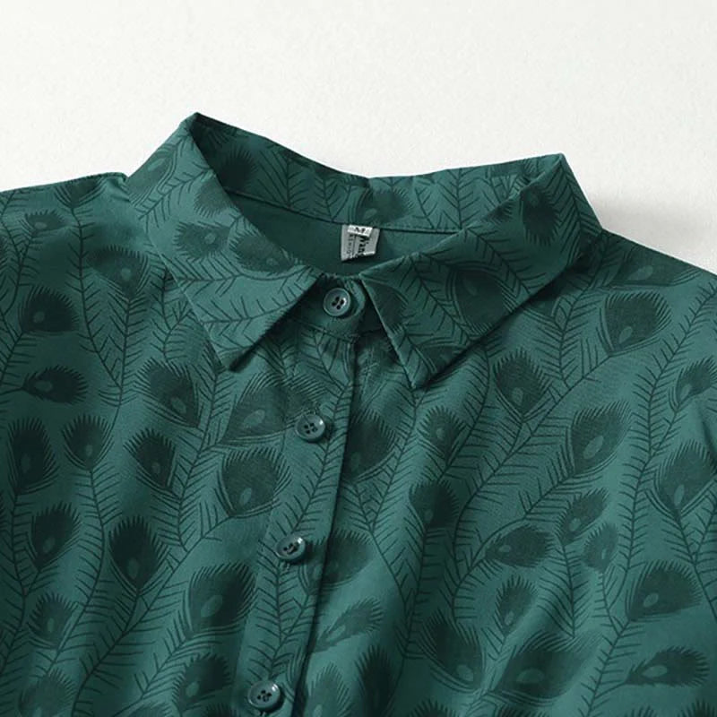 Buddha Stones Spring Grass Vines Print Buttons Design Long Sleeve Midi Dress With Pockets