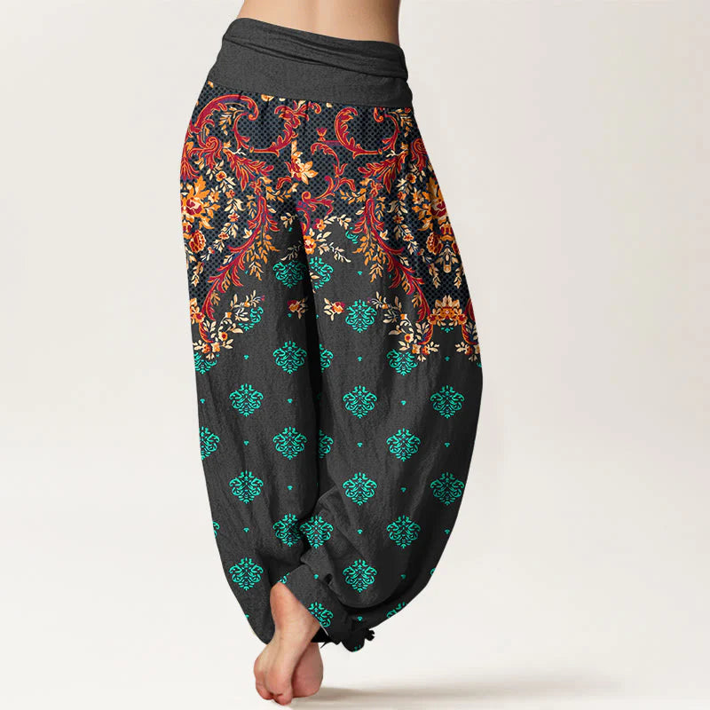 Buddha Stones Cotton Symmetrical Leaf  Scroll Pattern Women's Elastic Waist Harem Pants