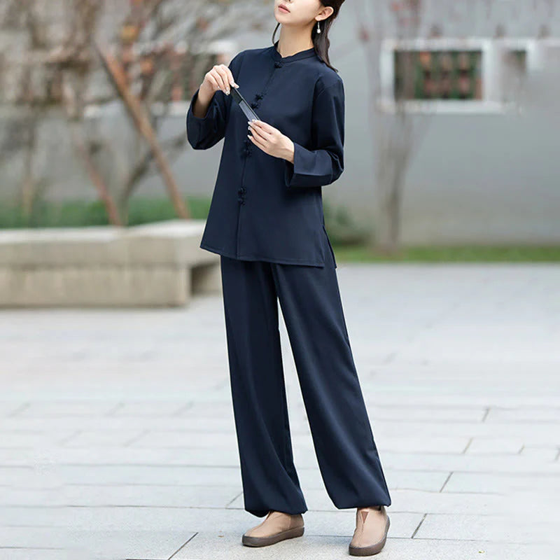Buddha Stones 2Pcs Chinese Frog-Button Long Sleeve Shirt Top Pants Meditation Zen Tai Chi Cotton Clothing Women's Set