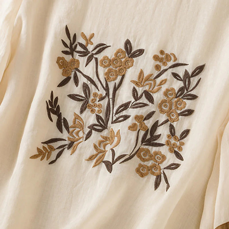 Buddha Stones Retro Embroidery Floral Three Quarter Sleeve Women's Cotton T-Shirt