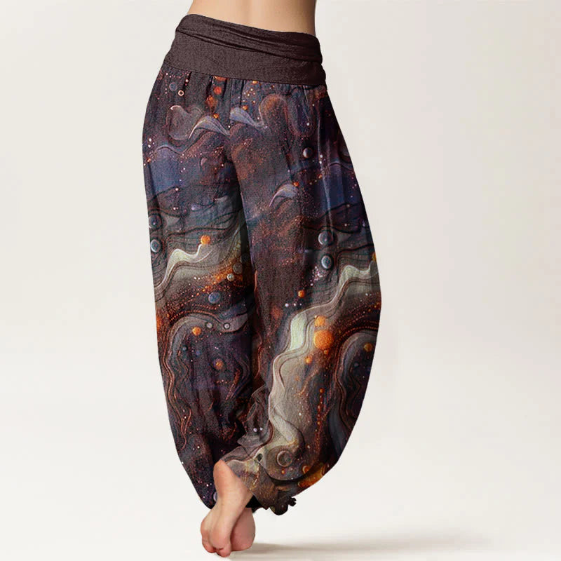 Buddha Stones Cotton Oceanic Golde Star Pattern Women's Elastic Waist Harem Pants