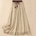 Buddha Stones Casual Contrasting Color Pleated Lace-Up Design Women's Cotton Linen 7-8 Length Skirt