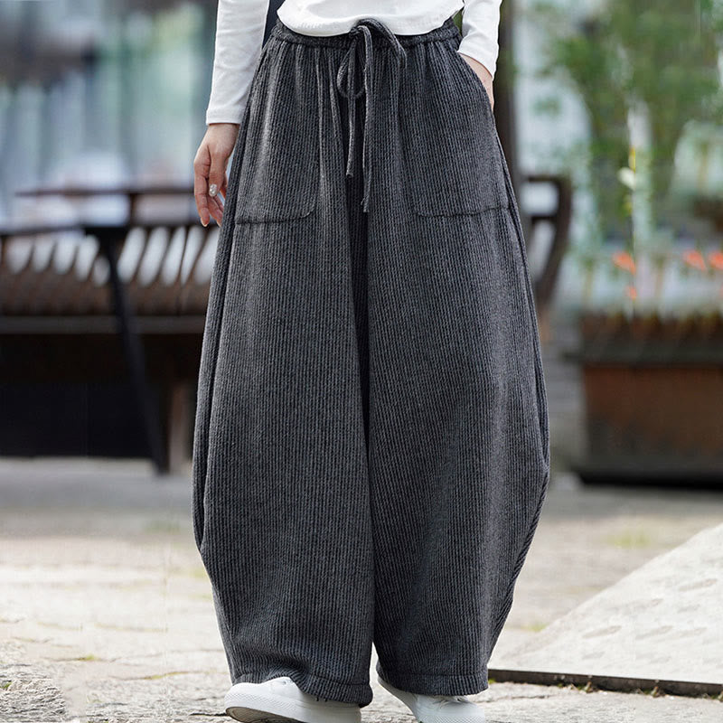 Buddha Stones Winter Men's Pure Color Drawstring Design Cotton High Waist Pants With Pockets