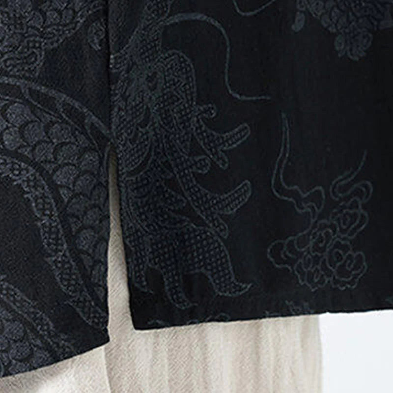 Buddha Stones Summer Dragon Auspicious Clouds Pattern Tang Suit Men's Frog-Button Half Sleeve Cotton Shirt