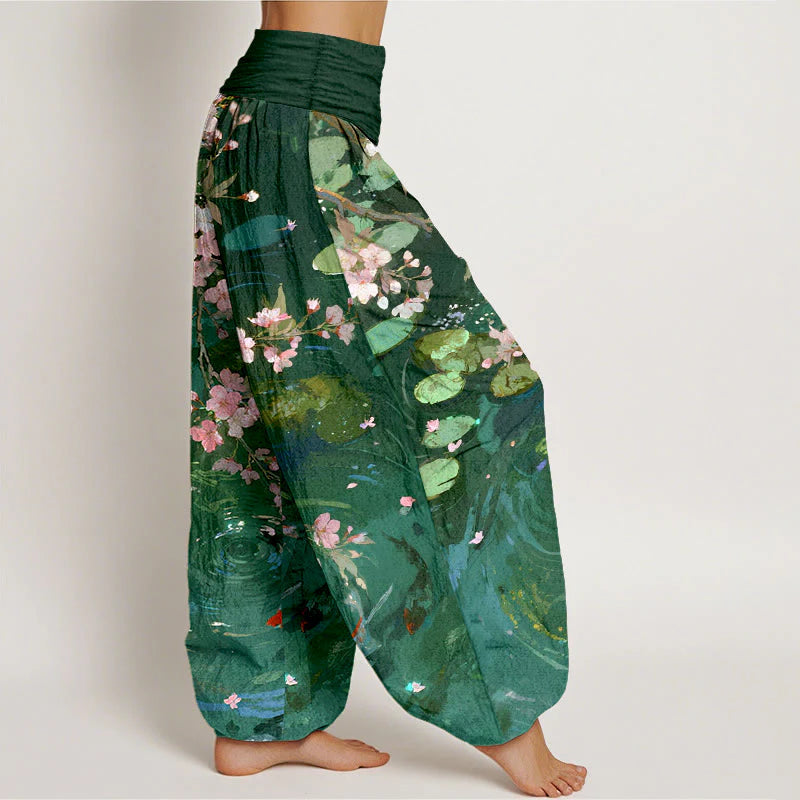 Buddha Stones Pure Cotton Sakura Blossoms Koi Fish Lotus Leaves Women's Elastic Waist Harem Pants