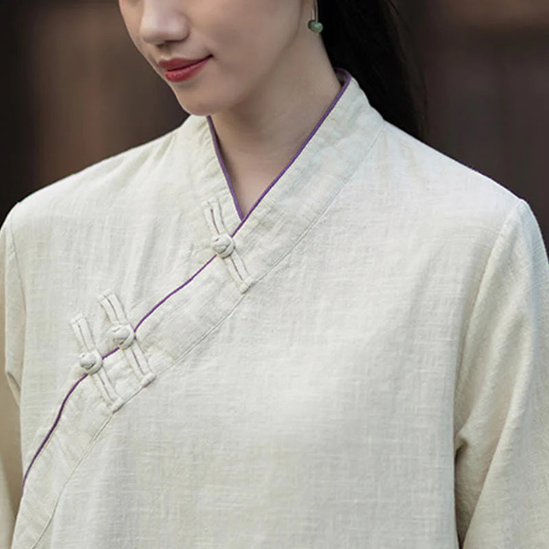 Buddha Stones Solid Frog-Button Long Sleeve Ramie Linen Midi Dress Cheongsam With Pockets