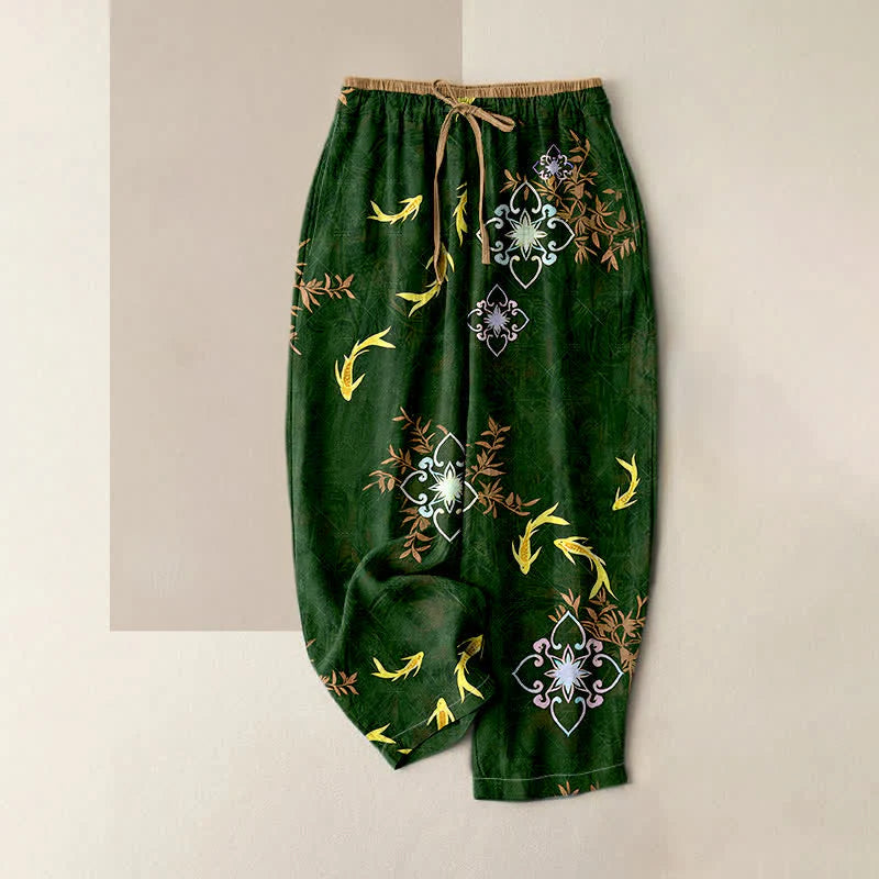 Buddha Stones Koi Fish Print Geometric Pattern Cotton Drawstring Women's Pants With Pockets
