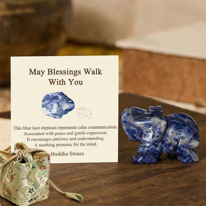 Buddha Stones ''May Blessings Walk With You'' Natural Small Elephant Amazonite Amethyst Jade Black Obsidian Stone Decoration Includes Gift Message Card