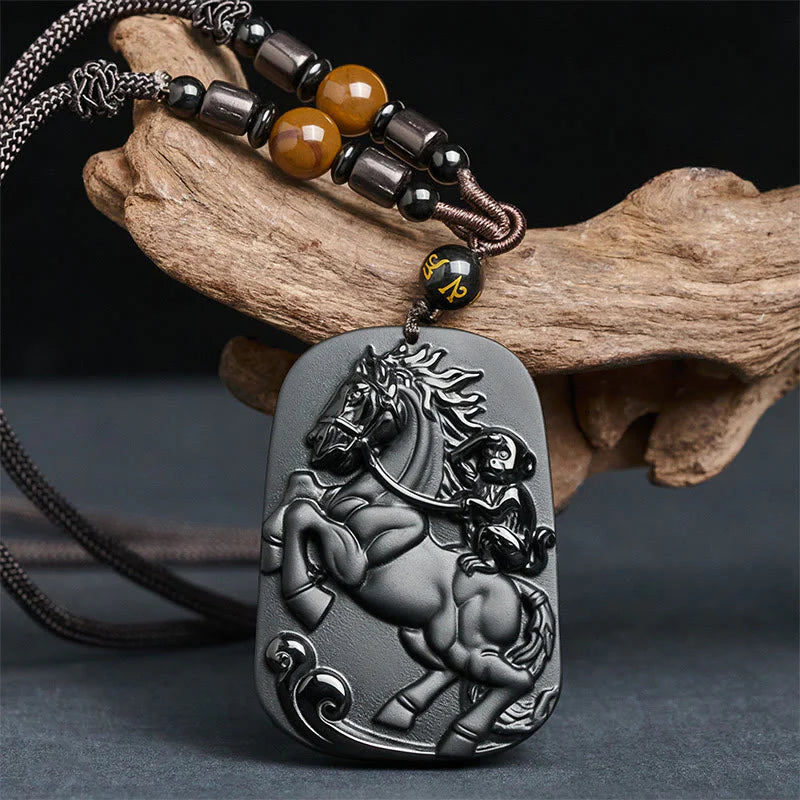 Buddha Stones Year of the Horse Monkey Design Black Obsidian Purification Necklace Pendant