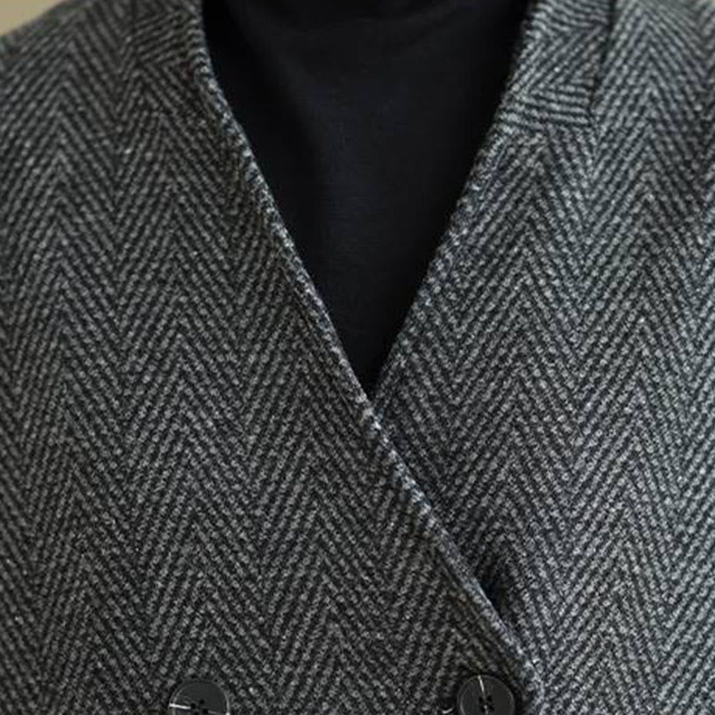 Buddha Stones Stripe V-Neck Cotton Long Sleeve Women's Coat With Pockets