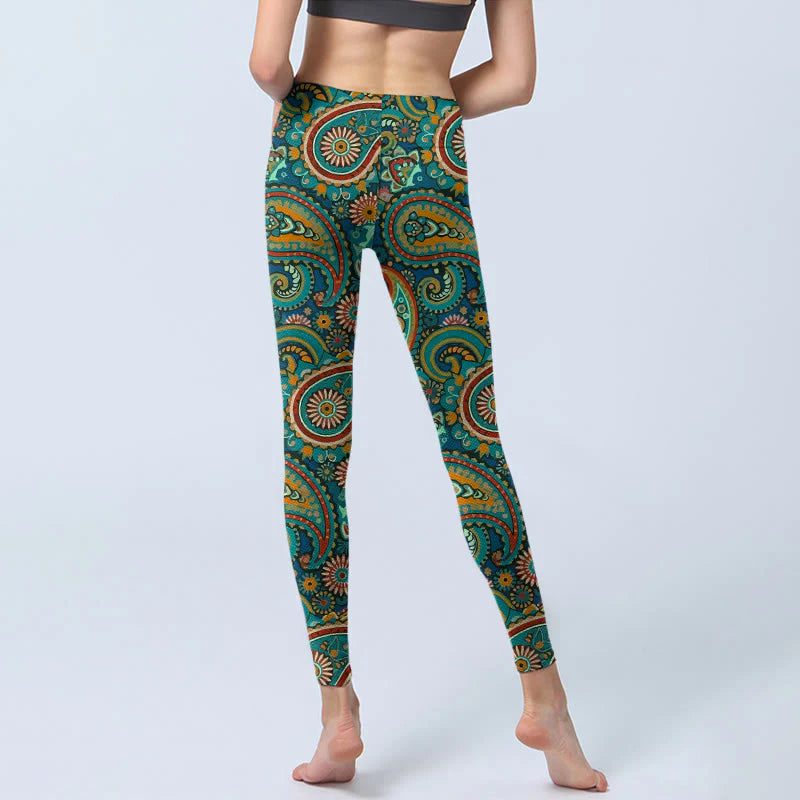 Buddha Stones Retro Paisley Pattern Print Gym Leggings Women's Yoga Pants