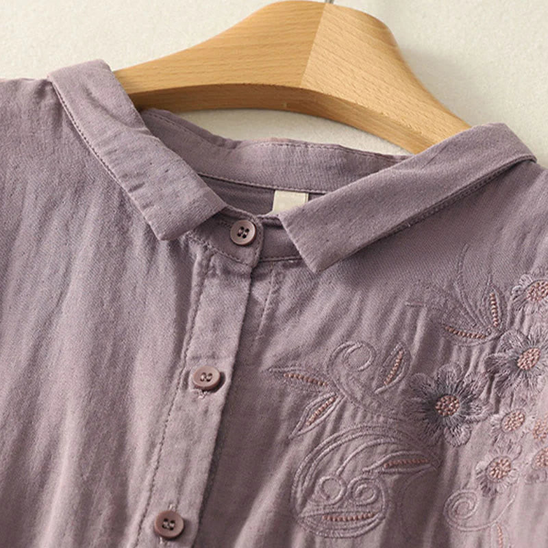 Buddha Stones Embroidered Flower Vine Pattern Long Sleeve Women's Lapel Shirt