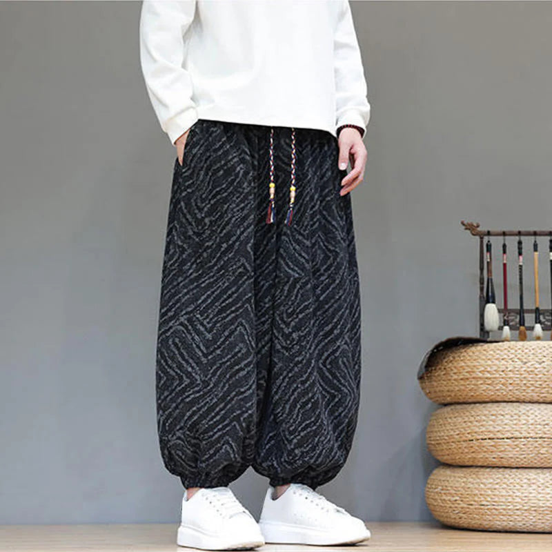 Buddha Stones Fall Texture Drawstring Design Corduroy Cotton Linen Men's Harem Pants With Pockets