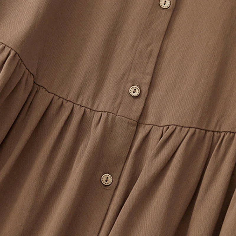 Buddha Stones Commute Long Sleeve Pure Color Button Design Lapel Cotton Midi Dress