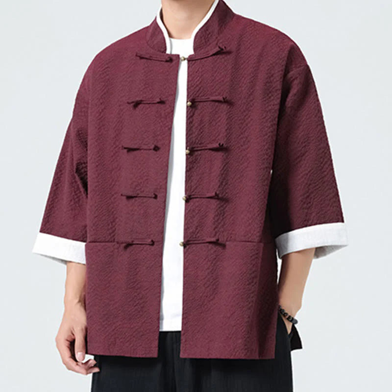 Buddha Stones Spring Solid Color Three Quarter Sleeve Tang Suit Men's Buttons Shirt With Pockets