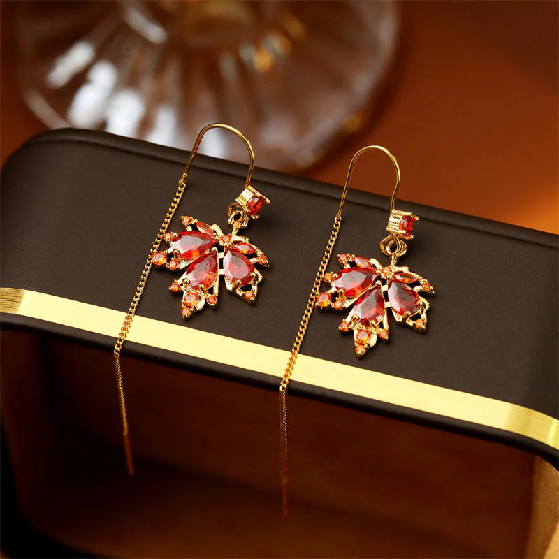 Buddha Stones Maple Leaf Red Zircon Copper Luck Drop Dangle Earrings