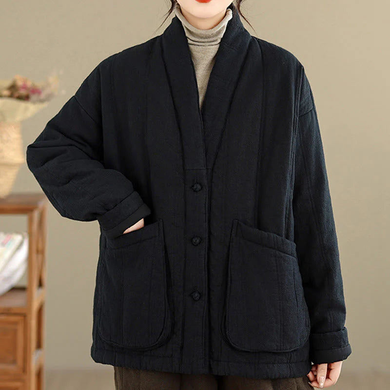 Buddha Stones Winter Solid Long Sleeve Cotton Women's Thermal Jacket With Pockets