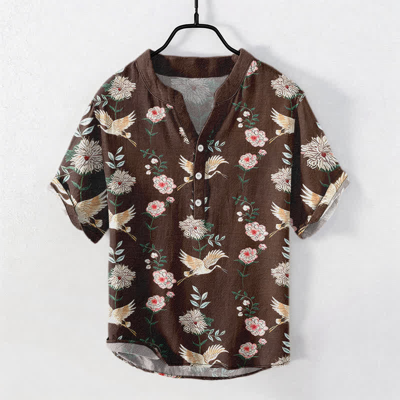 Buddha Stones Cotton Crane Floral Print Men's Short Sleeve Half Button Shirt