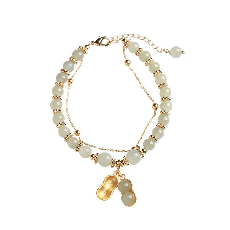 Buddha Stones 925 Sterling Silver Natural Hetian Jade Good Things Happen Peanut Charm Bracelet
