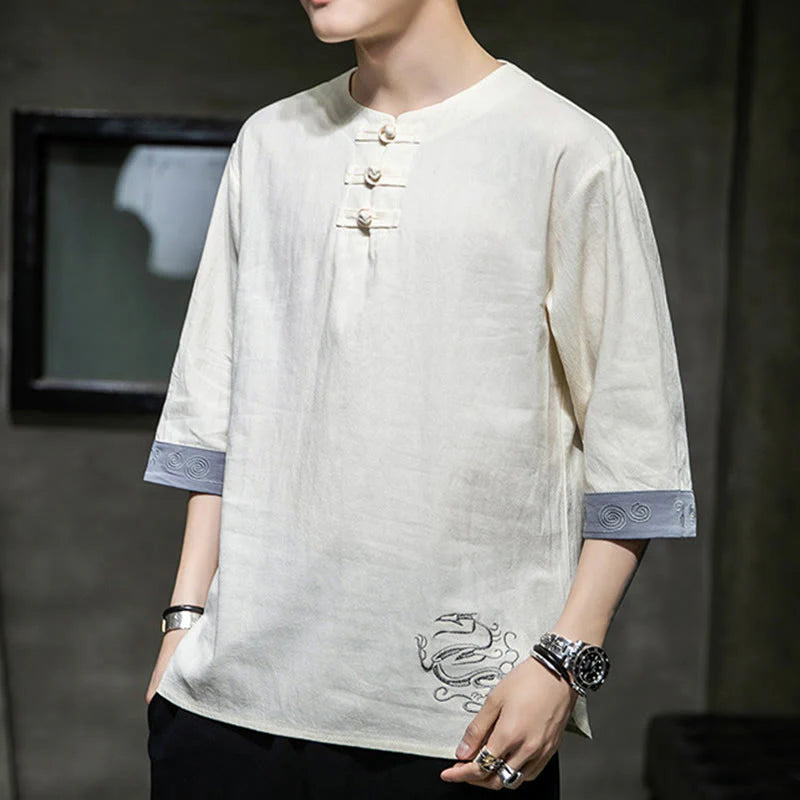 Buddha Stones Summer Embroidery Plain Frog-Button Men's Crew Neck Half Sleeve Cotton Linen Shirt Clothing