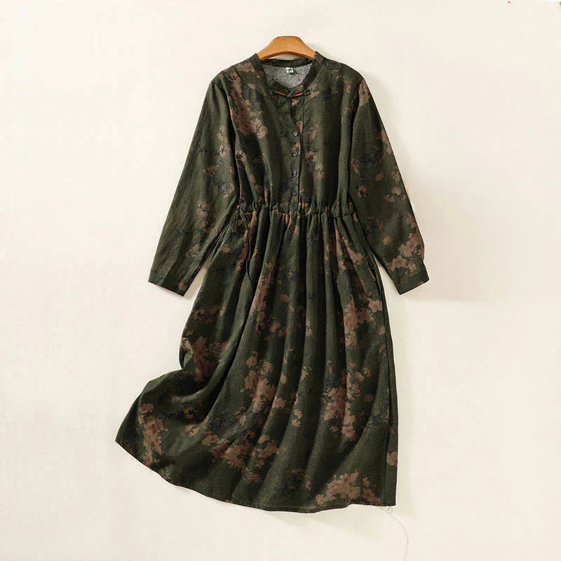 Buddha Stones Casual Flower Printed Pattern Buttons Design Long Sleeve Midi Dress With Pockets