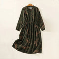 Buddha Stones Casual Flower Printed Pattern Buttons Design Long Sleeve Midi Dress With Pockets