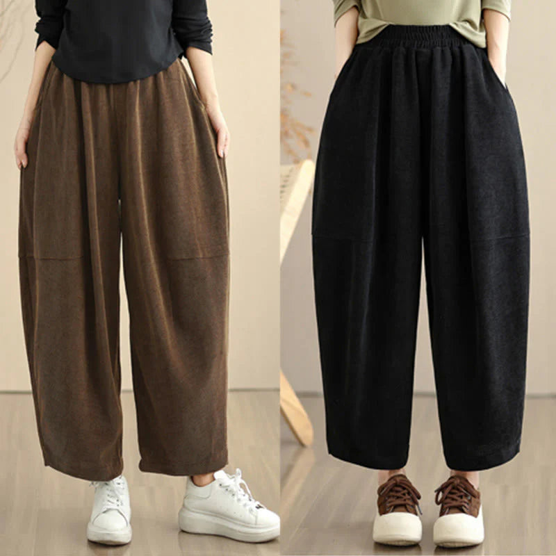 Buddha Stones Women's Fall Patchwork Plain Corduroy Harem Pants With Pockets