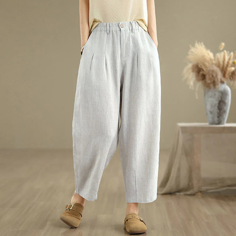 Buddha Stones Casual Summer Solid Color High Waist Women's Cotton Linen Harem Pants With Pockets