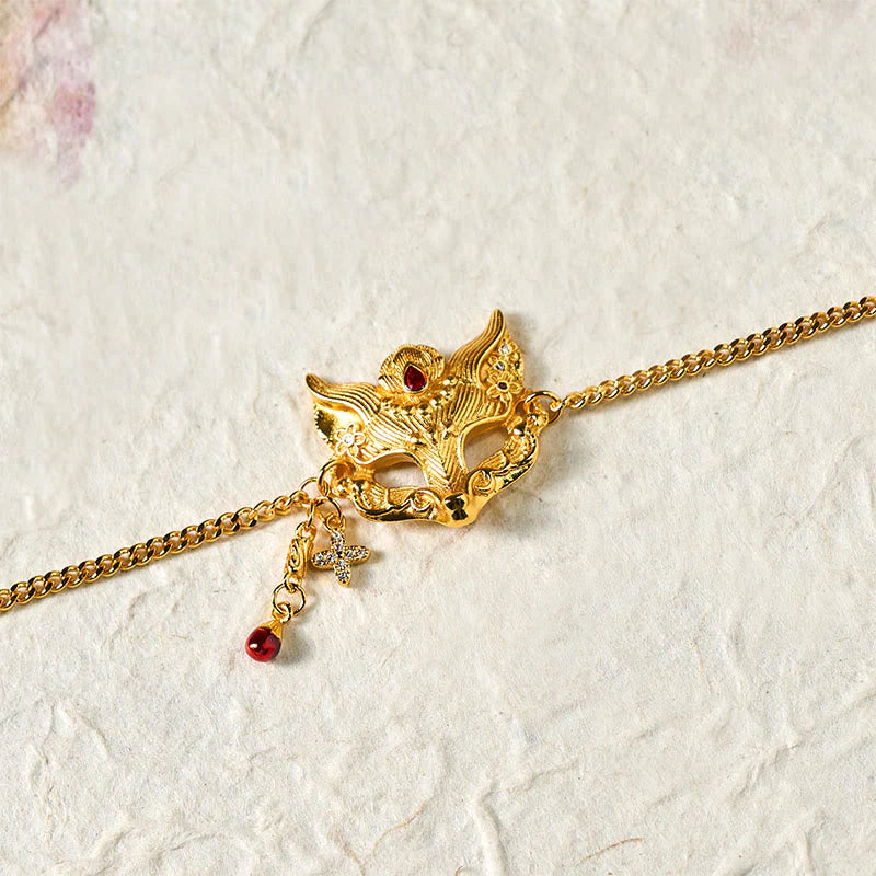 Buddha Stones 24k Gold Plated Brass Fox Mask Charm Tassel Chain Bracelet