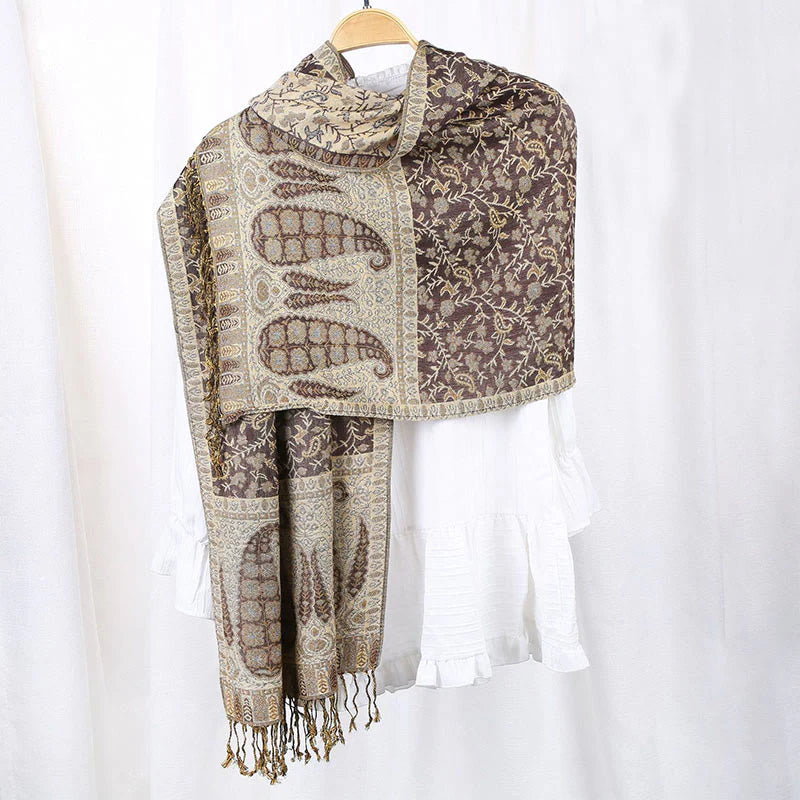 Buddha Stones Jacquard Color Contrast Patchwork Paisley Pattern Tassel Cozy Scarf Shawl