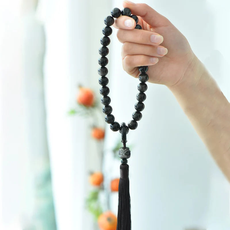 Buddha Stones Natural Silver Sheen Obsidian Lion Wrist Mala Protection Tassels Pocket Mala Car Decoration