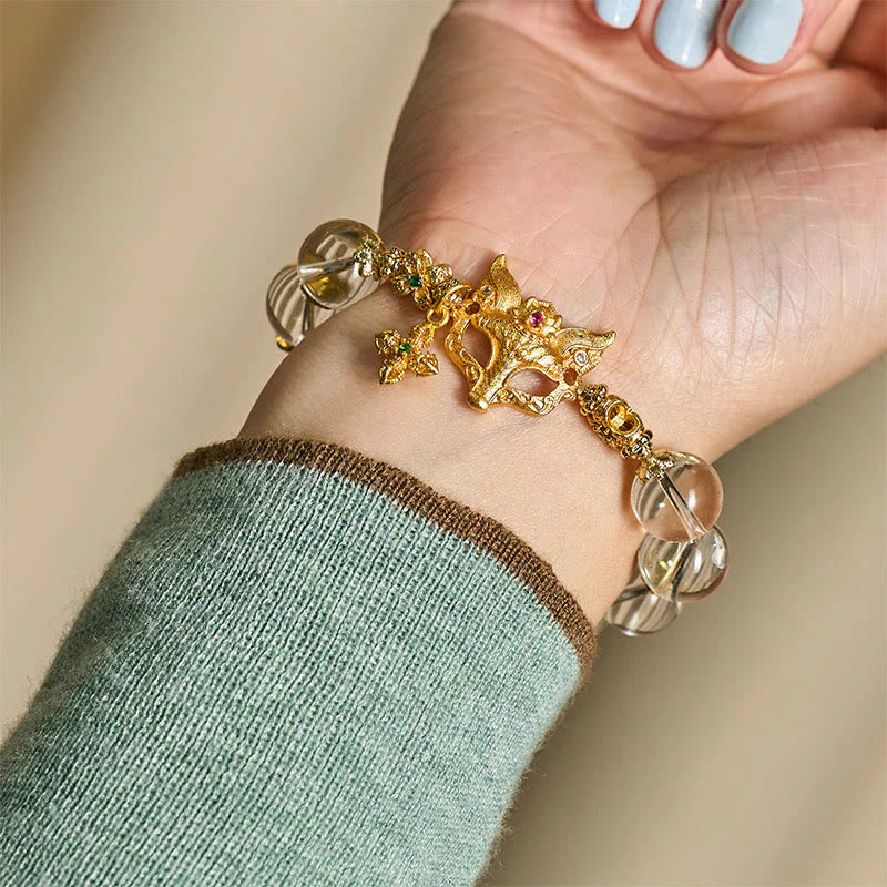 Buddha Stones Fox Cross Charm White Crystal Beaded Protection Bracelet