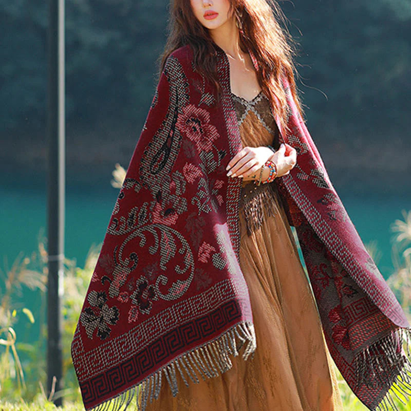 Buddha Stones Jacquard Ethnic Paisley Plants Pattern Tassel Soft Thermal Scarf Shawl