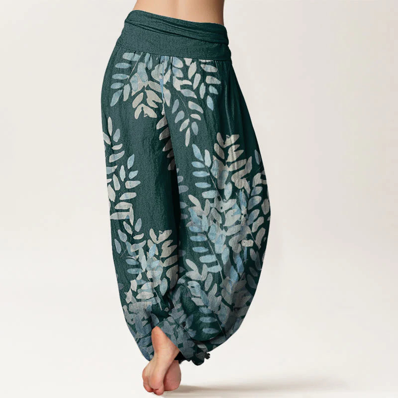 Buddha Stones Cotton Casual Plant Interlaced Leaves Pattern Women's Elastic Waist Harem Pants