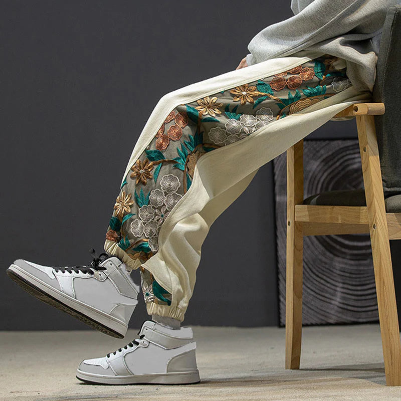 Buddha Stones Spring Men's Embroidered Flower Pattern Patchwork Cotton Pants With Pockets