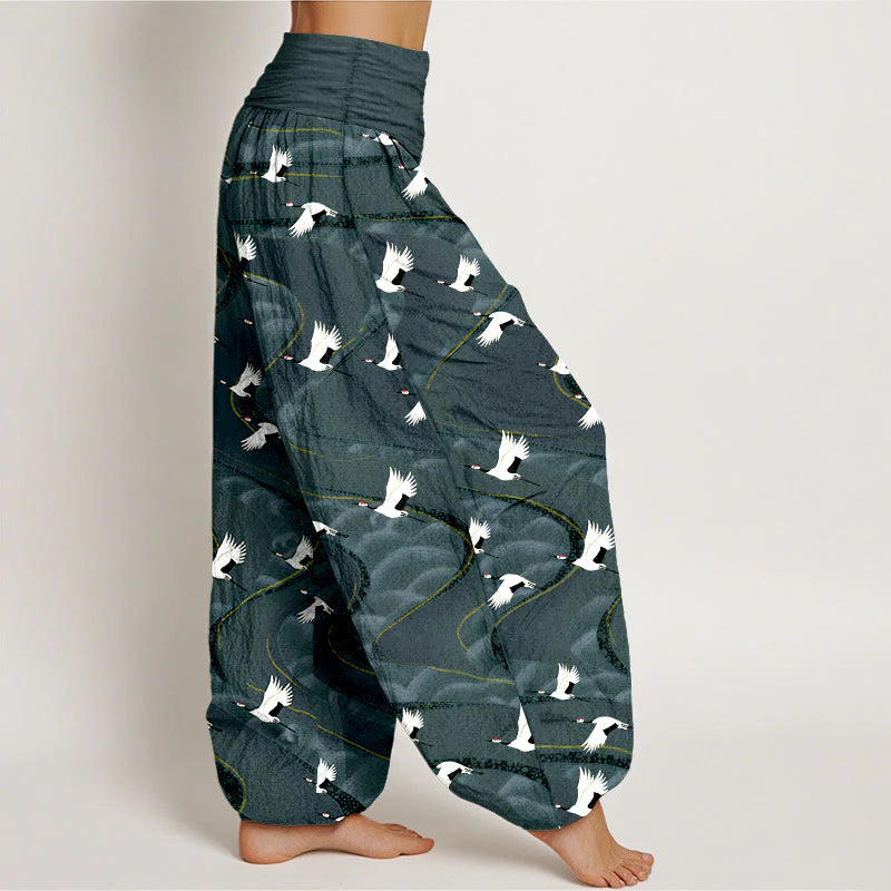 Buddha Stones Cotton Elegant Cranes Winding Lines Pattern Women's Elastic Waist Harem Pants
