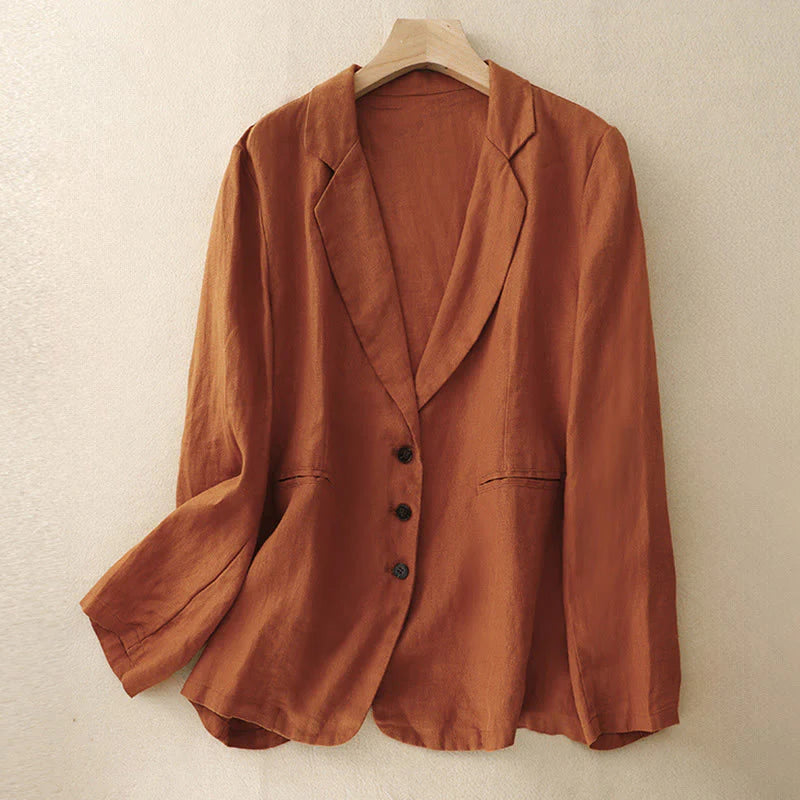 Buddha Stones Commute Retro Pure Color Lapel Cotton Linen Women's Jacket With Pockets
