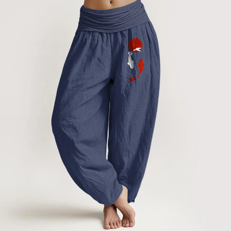 Buddha Stones Koi Fish Red Sun Pattern Pure Cotton Women's Elastic Waist Harem Pants