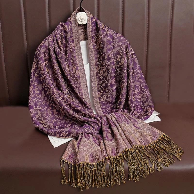 Buddha Stones Tibetan Jacquard Paisley Flower Pattern Color Contrast Design Tassel Cozy Scarf Shawl